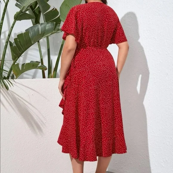 Boho plus size red polka dot ruffle hem size tie midi dress